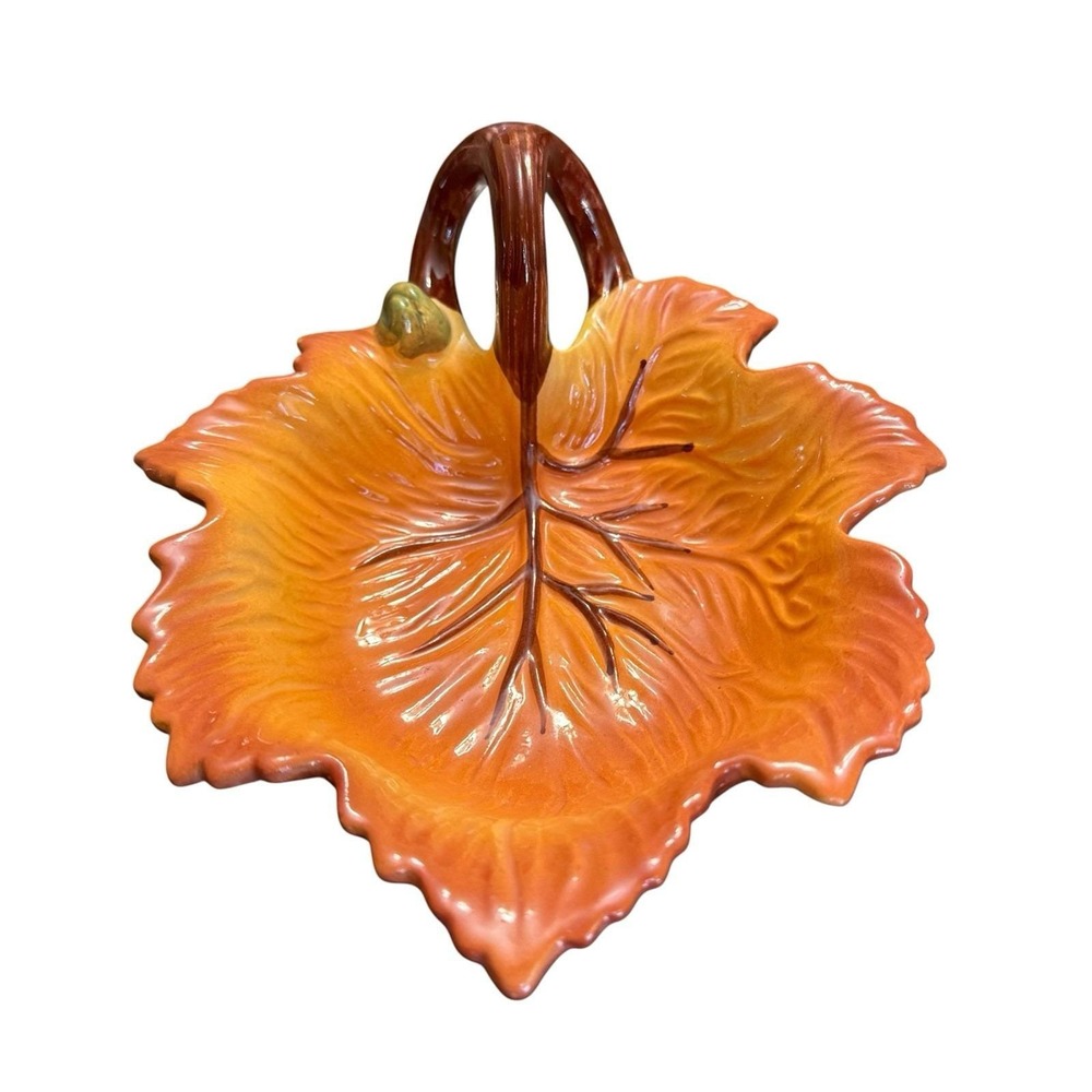 FIGI Autumn Leaf Handled Bowl Candy Nut Dish Fall Thanksgiving Orange Ceramic